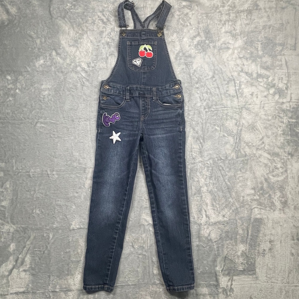 Roebuck & Co Denim Overalls Girls Dark Wash Patch Accents‎ Slim Leg Size 8